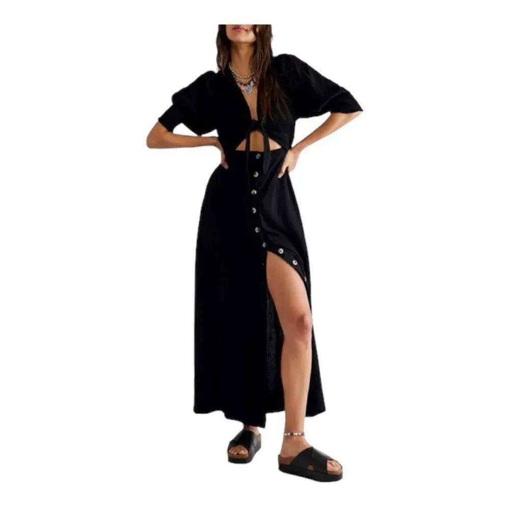 FREE PEOPLE Sz S STRING OF HEARTS MAXI DRESS IN BLACK NWT